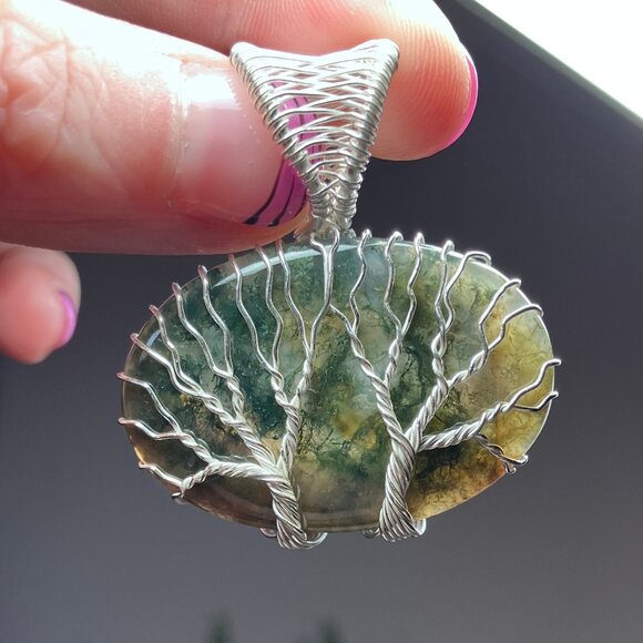 Dual Tree of Life Moss Agate Pendant Wire Wrapped Stone Jewelry - Picture 1 of 9